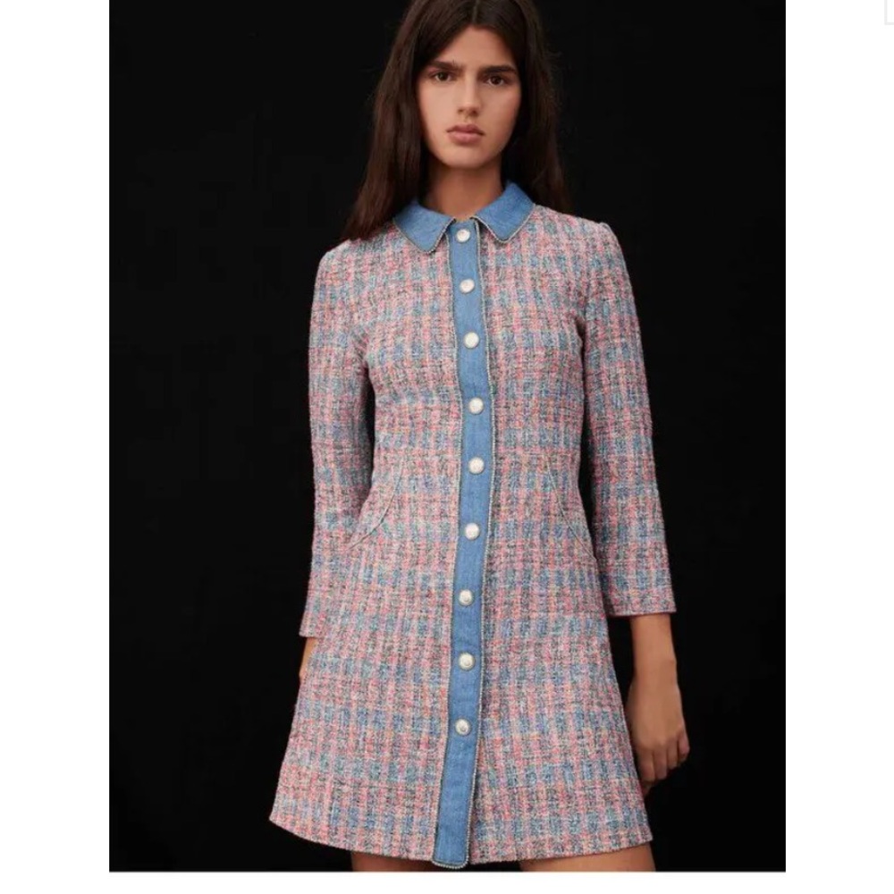 Maje Pink and Blue Tweed Dress with Denim Details